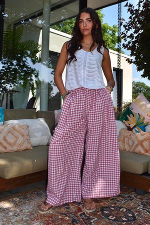 Agnes Cotton Gingham Wide Leg Pant Plum